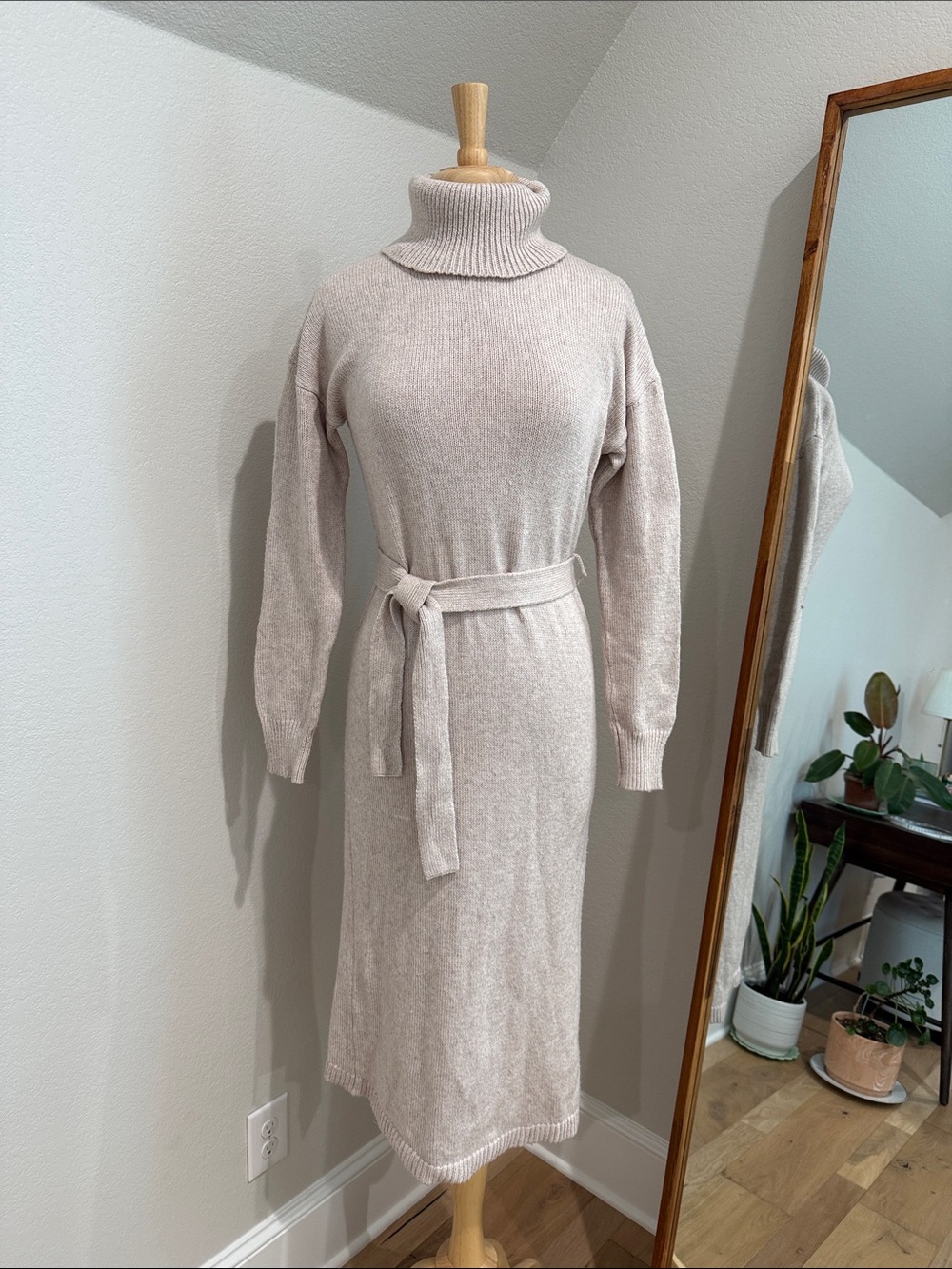 Rachel Zoe Neutral Turtleneck Belted Knit Dress